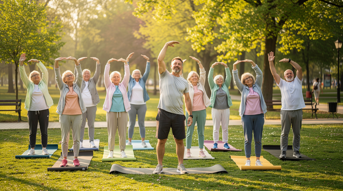 Croatian seniors doing a gentle group exercise class outdoors